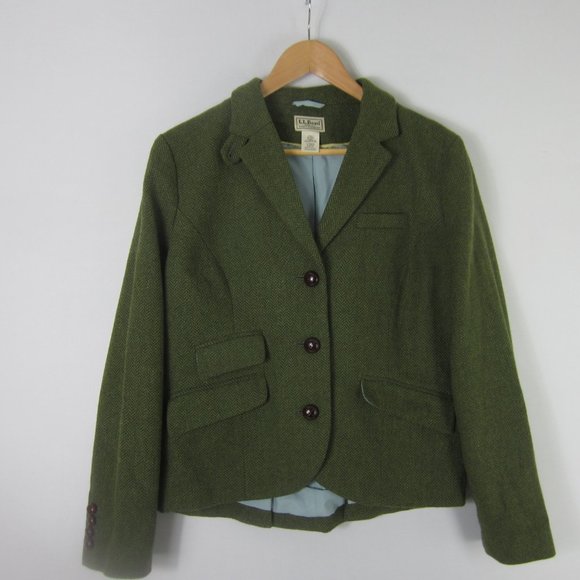 L.L. Bean Jackets & Blazers - Vintage L.L. Bean Womens 12 Green Herringbone Wool LS Blazer Jacket M Equestrian